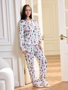 HELLO KITTY AND FRIENDS | SHEIN Cartoon Pattern Front Button Long Sleeve Top And Long Pants Lounge Set, Winter Clothes - Multicolor - View 3