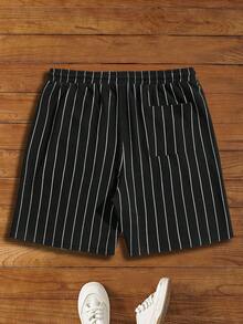 HIMLAND Men Drawstring Waist Patched Detail Striped Shorts Vacation Drawstring Black Shorts, For Husband, Boyfriend Gifts