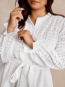 EMERY ROSE Plus Size Women's Autumn/Winter Country Casual Embroidered Hollow-Out Woven Elegant Maxi Dress - White - View 6