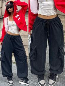 Coolane Women's  Fall/Winter Streetwear Y2K Vintage Punk Dirty  Big Pocket  Grey Cuffed Pants - Grey - View 6