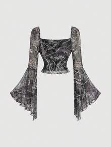 SHEIN MOD 女士方领长袖绿色叶子花卉印花简约T恤 – 休闲日常穿着，长袖上衣，60年代风格，新年，复古喇叭袖长袖T恤，嘉年华服装，70年代复古风，Y2K，约会，派对，节日，生日，波西米亚风，朋克风，冬季，圣诞节，新年，感恩节 - 彩色 - 查看 2