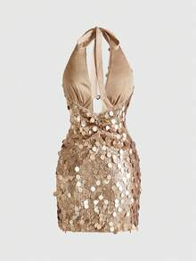 ROMWE Y2K Sexy Halter Beaded Backless Bodycon Mini Dress For Women