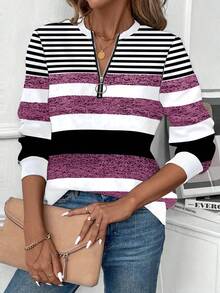 EMERY ROSE Women's Fashion Sweatshirt, Crew Neck, Long Sleeve, Half-Zip, Contrast Ribbed Collar, Cuffs And Hem, Asymmetrical Striped Print, Grey - Multicolor - View 3