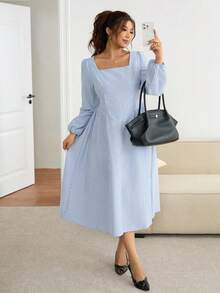 SHEIN Frenchy Plus Size Women's Square Neck Blue And White Striped Long Sleeve Casual Dress