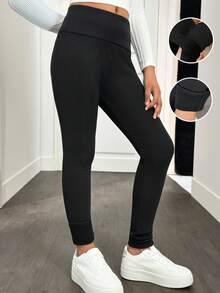 SHEIN Tween Girl Black Stretchy Casual Sports Leggings With Thermal Lining, Solid Color Sports Leggings, Running Tights Black Pants Athletic Leggings Stretchy Leggings High-Waisted Leggings Black Leggings