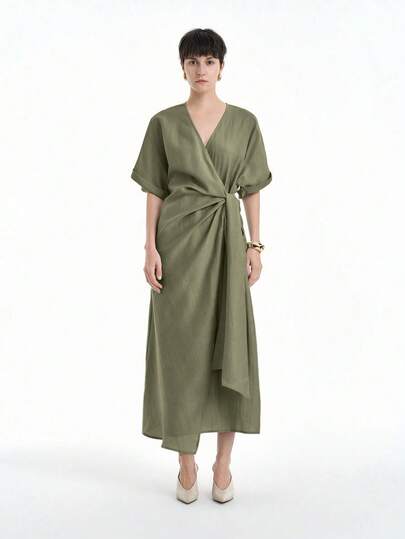 Aalyst 杏色女式简约休闲编织裹身 V 领蝙蝠袖长裙，天然舒适面料，适合春夏季