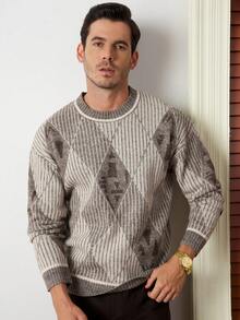 Core Aspect Men's Casual Loose Fit Rhombus Plaid Pattern Dropped Shoulder Sweater, Autumn/Winter - Multicolor - View 6