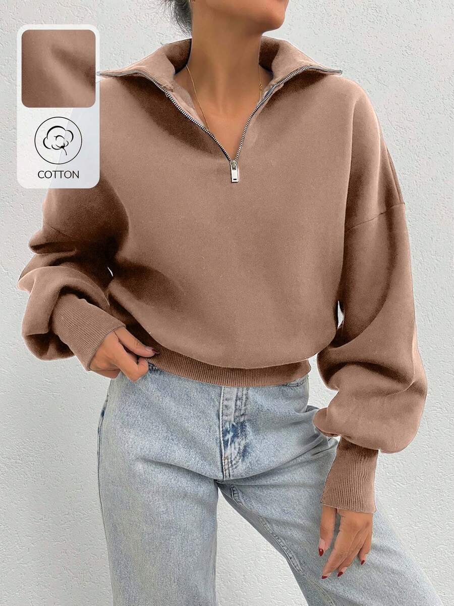 EURMUSE 100% Cotton Collar With Zipper Pattern Oversize Sweatshirt - Beige - View 1