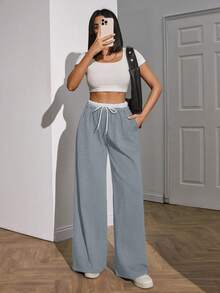 EURMUSE Plus Size Women Extra Belt And Drawstring Detailed Bottom Sweatpants - Light Grey - View 6