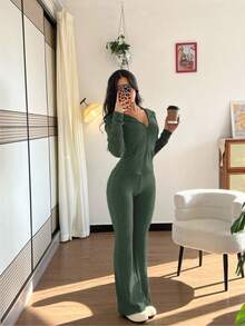 Rafferiza 2 件套女士休闲连帽运动衫，带口袋和罗纹喇叭裤，百搭秋冬装 - 綠色 - 查看 4