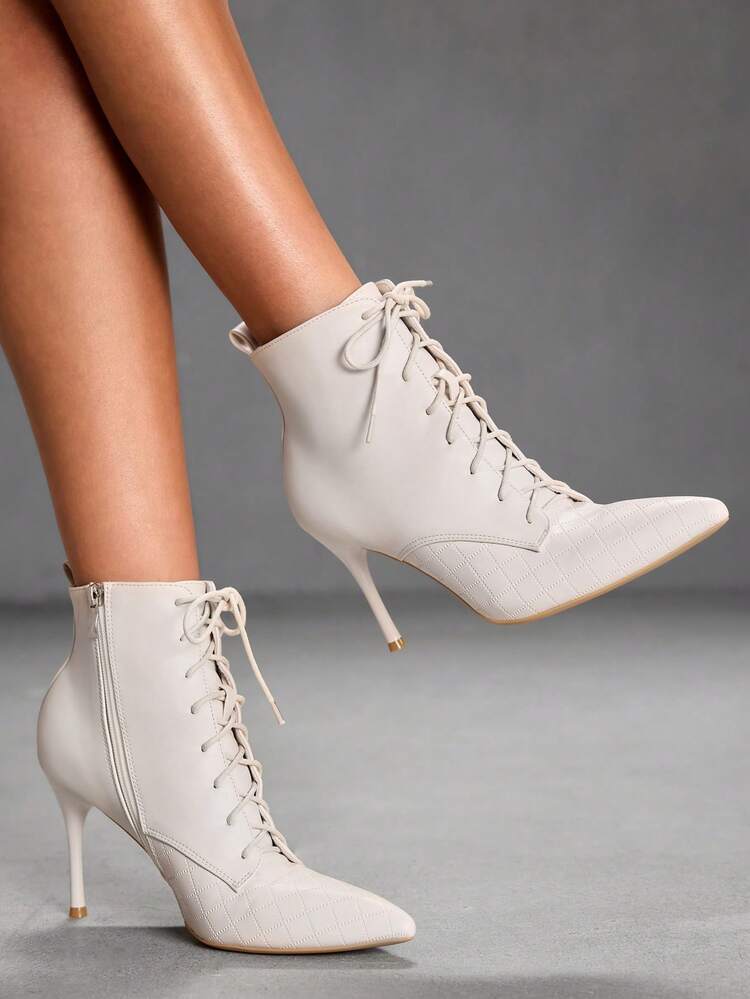 CUCCOO SZL Women's Pointed Toe Stiletto Heel Ankle Boots, Fashionable Beige Lace-Up, Classic Low Heel Boots, Stylish & Sexy For Party, Casual, Work