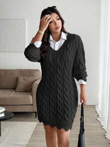 Vionelle Gaun Sweater Lengan Panjang Motif Rajut Kabel Bergelombang dengan Leher V dan Tali Serut Ukuran Plus, Warna Polos, Kasual & Modis untuk Musim Gugur/Dingin - Hitam - View 7