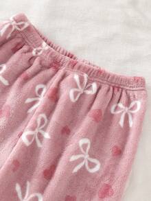 Genkimix Kids 2pcs Girls Bow & Heart Print Fleece Long Sleeve Top And Pants Casual Comfortable Pajama Set Soft Pajama Set Long Sleeve Pajama Sets For Teen Girls Teen Girls Loungewear Set Pj Sets Teen Tween Pjs Set Fall Winter