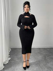 Modelyn Plus Size Solid Color Hollow Out Fitted Elegant Long Sleeve Phoenix Fleece Sweater Dress - Black - View 1