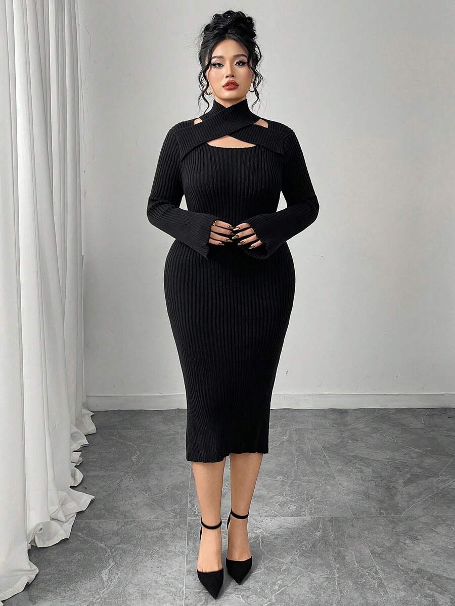 Modelyn Plus Size Solid Color Hollow Out Fitted Elegant Long Sleeve Phoenix Fleece Sweater Dress - Black - View 1
