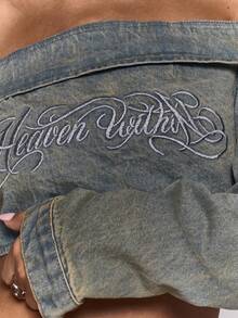 MUSERA 印花水洗超短露肩长袖牛仔上衣，冬季外出日常夜游休闲酷炫街头风，水洗时尚，春夏百搭 - 淺色水洗藍 - 查看 6