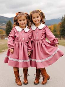 SHEIN 1pc Girls' Comfortable Casual Elegant Lapel Front Button Ruffle Hem Pleated Lace Trim Long Sleeve Elastic Cuff Versatile Dress Suitable For Outings, Travel, School And Various Occasions - Multicolor - View 3