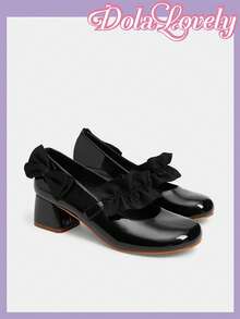 Dola Lovely 女士蝴蝶结玛丽珍高跟鞋，圆头扣带粗跟正装鞋，时尚百搭白色 - 黑色 - 查看 3