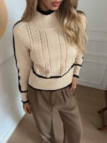 Elyressa Women's Contrast Color Twist Rope Turtleneck Sweater, Casual For Autumn/Winter - Apricot - View 5