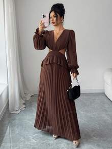 SHEIN Elenzya Váy tay bồng, cổ chữ V, lưng khoét sâu, viền bèo nhún, dáng chữ A, thanh lịch và lãng mạn, vải voan, váy thường ngày cho nữ - Cà phê - Xem 3