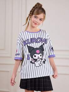 HELLO KITTY AND FRIENDS | SHEIN 青少年女孩可愛卡通與條紋圖案寬鬆落肩針織休閒T恤 可愛女孩上衣 青少年女孩動漫襯衫 卡哇伊襯衫 - 白色 - 查看 4