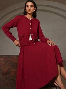 GENKIRA 2pcs Set: Solid Color Crew Neck Faux Pocket Cardigan & Pleated Maxi Skirt Sweater - Red - View 2