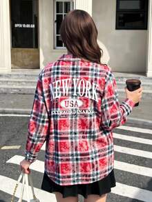 SHEIN Tween Girls Red Plaid Long Polyester Shirt Blouse With Drop Shoulder Sleeves And Asymmetrical Hem Everyday Casual Style Blouse - Red - View 2
