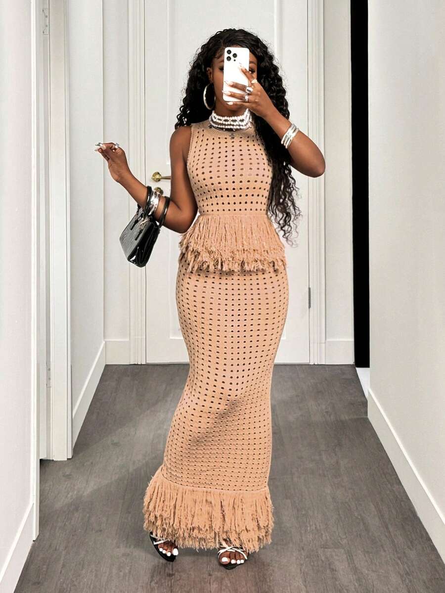 BamGleam 女式纯色镂空流苏下摆无袖针织上衣和针织中长裙两件套，合身又时尚 - 卡其色 - 查看 1