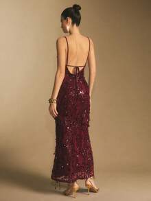 Poéselle 女式花卉亮片镂空紧身性感优雅中长款吊带裙 - 酒紅色 - 查看 2
