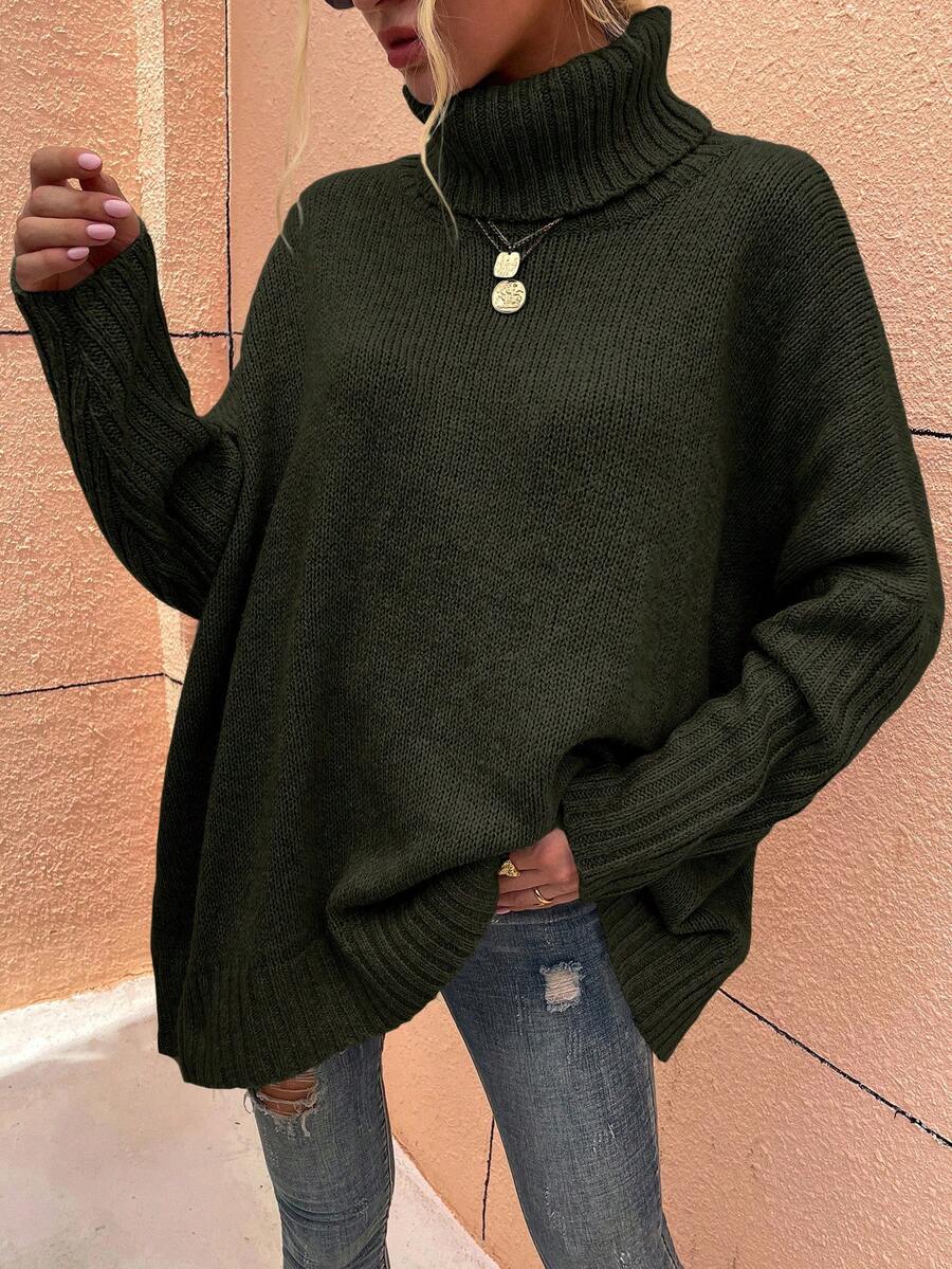 Chiquease 女士休闲高领纯色落肩宽松毛衣秋冬新年衣服 - 墨綠色 - 查看 1