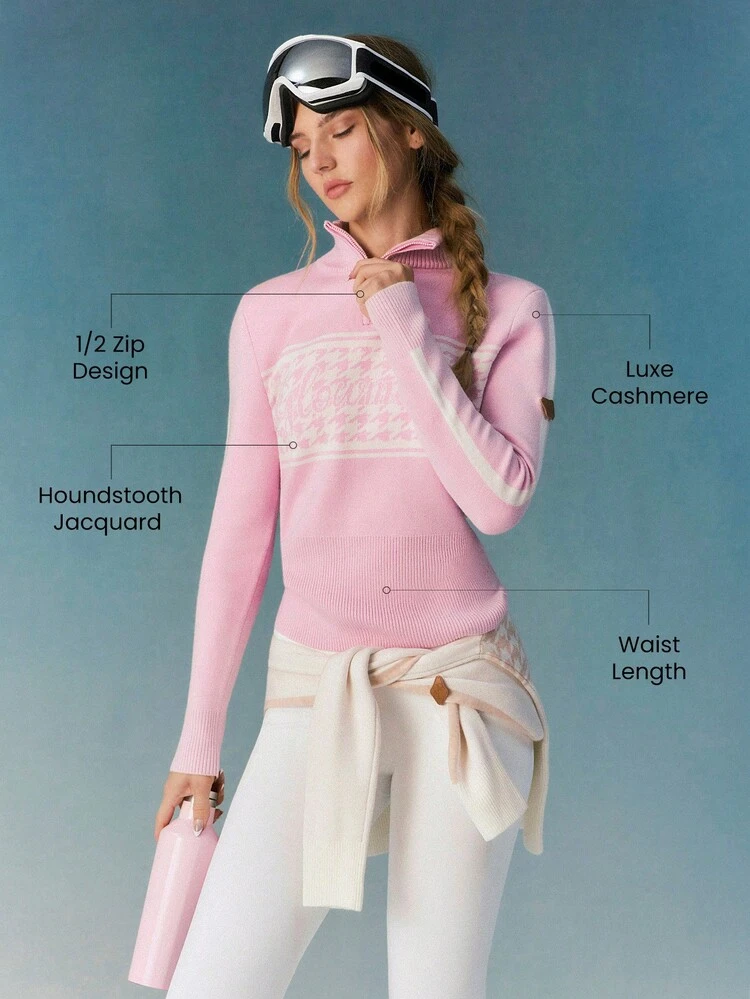 Colección de esquí Chaqueta de cuello alto con cremallera de 1/4, ajustada, de tejido jacquard de pata de gallo, suave, cálida y acogedora, para usar en otoño e invierno en exteriores y esquiar