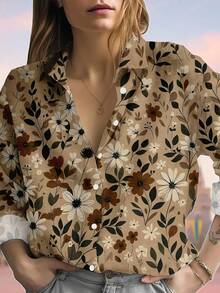 EMERY ROSE Women's Plus Fall Elegant Leaf Long Sleeved Lapel Casual Shirt, Spring And Summer