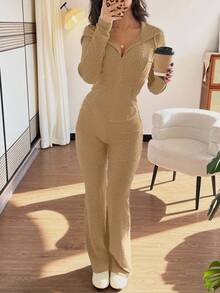 Rafferiza 2 件套女式休闲连帽运动衫，带口袋和罗纹喇叭裤套装，适合日常穿着，秋冬 - 棕色 - 查看 3