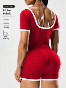 Gameset SHEIN Sport 女式夏季紧身无缝运动连体衣 - 紅色 - 查看 2