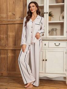 Serenescape Conjunto de pijama de pantalón y blusa de manga larga con estampado de rayas y textura de tela casual para mujer, ropa de invierno