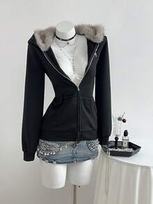 Elamini 1 件黑色刺绣仿毛领拉链连帽夹克，修身，长袖，休闲/校服，秋冬 - 黑色 - 查看 5