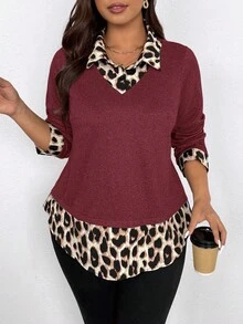 Plus Size Women Casual Printed 2 In 1 Long Sleeve Shirt - Red - View 5