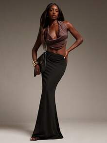 Hauture Sexy Glitter Rhinestone Backless Cowl Halter Top – Elegant Night Out & Party Bodycon Top - Brown - View 6