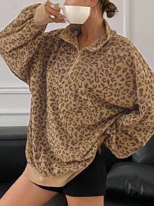 DAZY 女式灯芯绒豹纹半拉链套头衫，休闲街头风格，秋冬 - 卡其色 - 查看 5