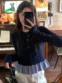 DAZY Women's Contrast Color Patchwork Casual Cardigan - Navy Blue - View 5