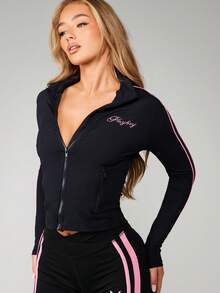 Missguided x Playboy Zip Up Track Jacket With Pink Stripe Detail Long Sleeve Athletic Outerwear For Spring Autumn Activewear - Multicolor - View 1