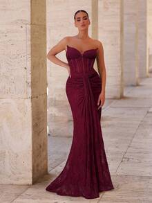 Glamrae Elegant Luxurious Stretchy Lace Sheer Backless Ruched Mermaid Gown,Suitable For Weddings,Parties,Vacations,Galas,Formal Occasions (Heavy-Duty) - Burgundy - View 1