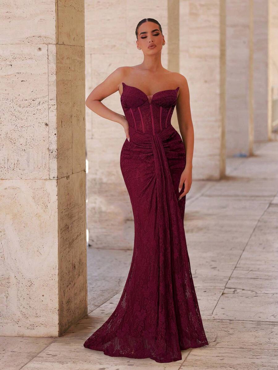 Glamrae Elegant Luxurious Stretchy Lace Sheer Backless Ruched Mermaid Gown,Suitable For Weddings,Parties,Vacations,Galas,Formal Occasions (Heavy-Duty) - Burgundy - View 1