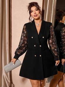Cravure Plus Size Elegant Shawl Neck, Double-Breasted Sequins Embellished Long Sleeve Fitted Waist Dress With Pockets - Black - View 3