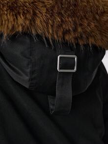 ROMWE 畅销仿毛领夹棉大衣，女士厚实保暖休闲派克大衣，宽松时尚外套，冬季新品 - 黑色 - 查看 3