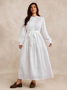EMERY ROSE Plus Size Women's Autumn/Winter Country Casual Embroidered Hollow-Out Woven Elegant Maxi Dress - White - View 3