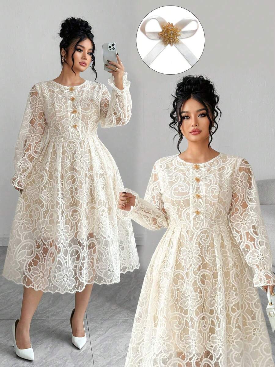 Elenzga 大码女式复古法式蕾丝提花蝴蝶结网眼拼布长袖连衣裙，适合秋冬季、返校、毕业典礼、节日、情人节、圣诞节、音乐节、母亲节、万圣节、感恩节、复活节、国庆节、舞会、约会、派对、婚礼、户外活动 - 杏色 - 查看 1