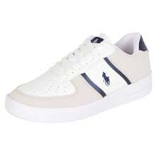 Fratello Shoe Store Polo HPC tenis casuales color blanco con detalles beige y azul marino para hombre 0222, perfectos para días casuales, salidas con amigos o look preppy, tenis Polo hombre, estilo clásico, moda varsity, look casual, sneakers blancos - Marino Camel - Ver 8