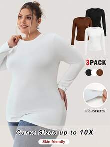 SHEIN CURVE+ 加大码 3 件女式纯色圆领休闲修身长袖 T 恤套装，适合春秋冬 - 彩色 - 查看 1