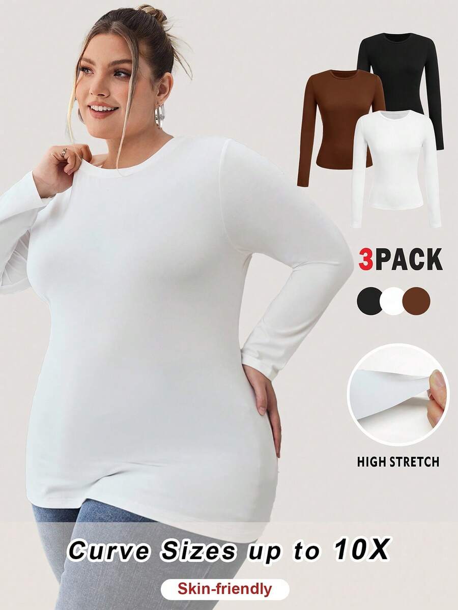 SHEIN CURVE+ 加大码 3 件女式纯色圆领休闲修身长袖 T 恤套装，适合春秋冬 - 彩色 - 查看 1